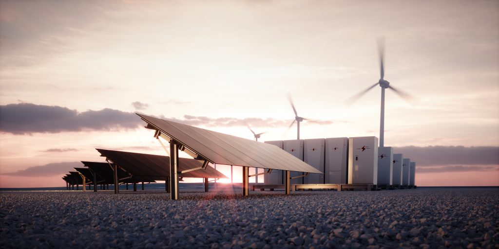 Dawn of new renewable energy technologies. Modern, aesthetic and efficient dark solar panel panels, a modular battery energy storage system and a wind turbine system in warm light. 3D rendering.